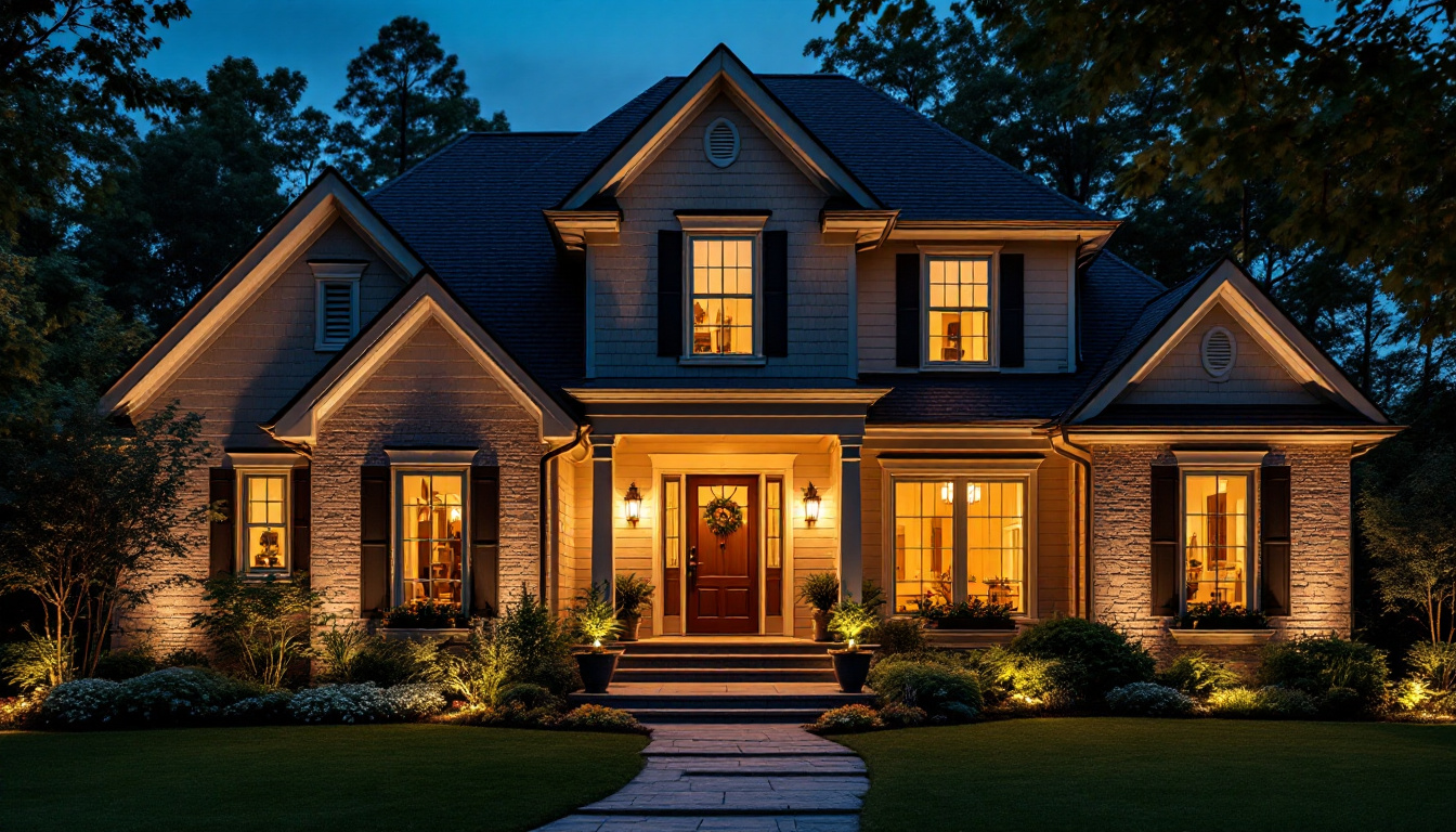 A photograph of a beautifully illuminated home exterior at dusk