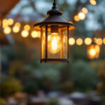 A photograph of a beautifully designed hanging porch light fixture in a cozy outdoor setting