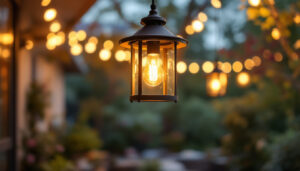 A photograph of a beautifully designed hanging porch light fixture in a cozy outdoor setting