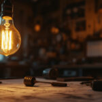 A photograph of a vintage light bulb glowing warmly in a dimly lit workshop