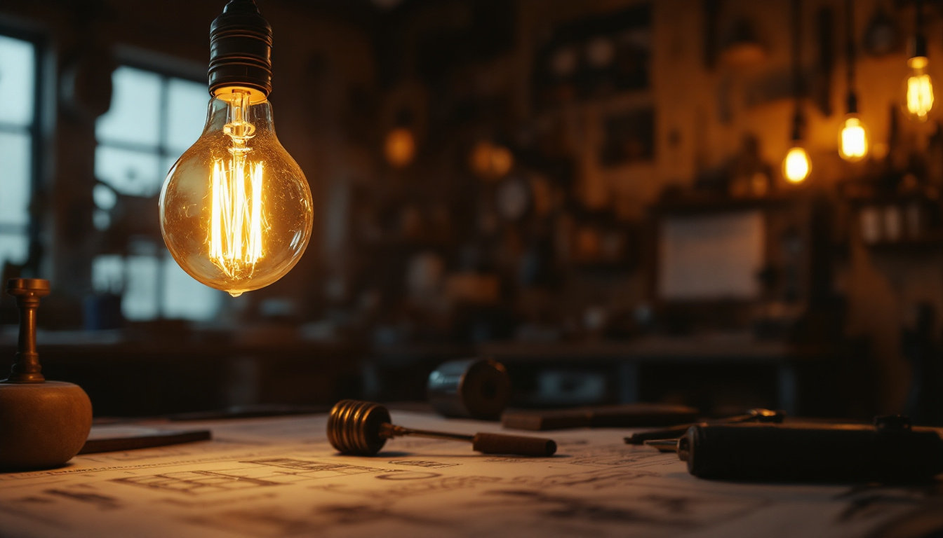 A photograph of a vintage light bulb glowing warmly in a dimly lit workshop