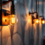 A photograph of a modern lighting installation featuring sleek wire plug connectors in use