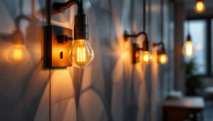 A photograph of a modern lighting installation featuring sleek wire plug connectors in use