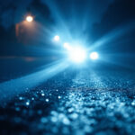 A photograph of a close-up shot of a high-intensity discharge (hid) headlight illuminating a dark road