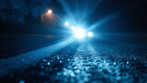 A photograph of a close-up shot of a high-intensity discharge (hid) headlight illuminating a dark road