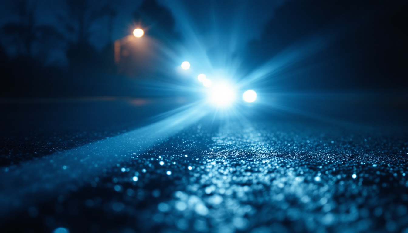 A photograph of a close-up shot of a high-intensity discharge (hid) headlight illuminating a dark road