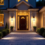 A photograph of a beautifully lit exterior entryway at dusk