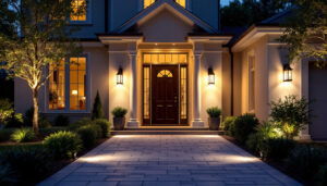 A photograph of a beautifully lit exterior entryway at dusk