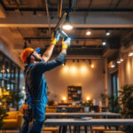 A photograph of a lighting contractor installing sleek led track lights in a modern commercial space