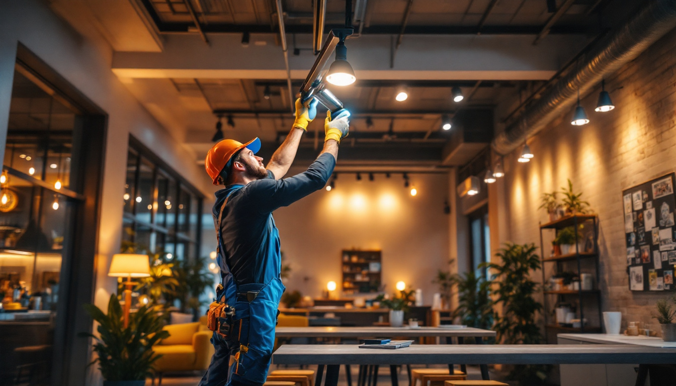 A photograph of a lighting contractor installing sleek led track lights in a modern commercial space
