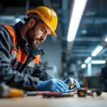 A photograph of a lighting contractor in action