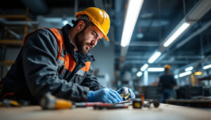 A photograph of a lighting contractor in action