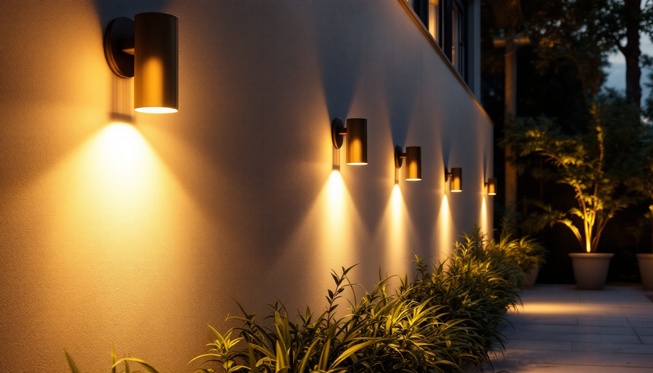 A photograph of a beautifully illuminated outdoor space featuring stylish wall lights