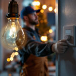 A photograph of a lighting contractor installing a timer switch in a residential setting