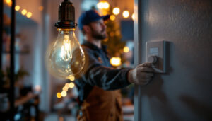 A photograph of a lighting contractor installing a timer switch in a residential setting
