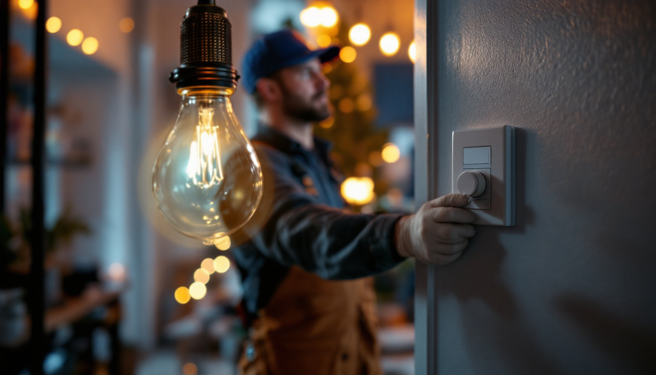 A photograph of a lighting contractor installing a timer switch in a residential setting