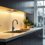 A photograph of a modern kitchen featuring sleek led under-cabinet lighting