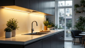 A photograph of a modern kitchen featuring sleek led under-cabinet lighting