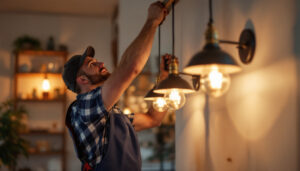 A photograph of a lighting contractor skillfully installing stylish barn light company fixtures in a beautifully lit residential or commercial space