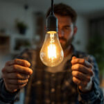 A photograph of a lighting contractor skillfully installing a modern