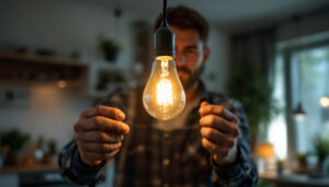 A photograph of a lighting contractor skillfully installing a modern