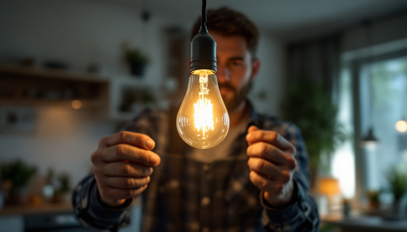 A photograph of a lighting contractor skillfully installing a modern