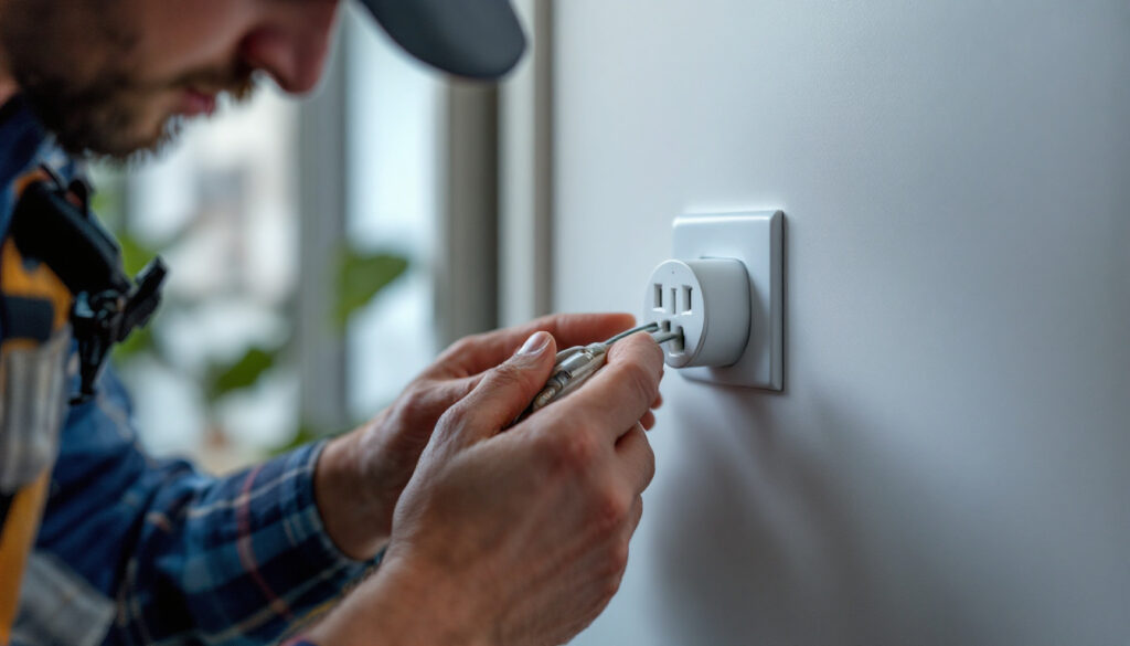 A photograph of a skilled lighting contractor installing or inspecting a 4 plug electrical outlet in a modern home setting
