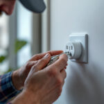 A photograph of a skilled lighting contractor installing or inspecting a 4 plug electrical outlet in a modern home setting