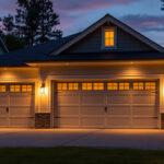 A photograph of a well-lit garage exterior showcasing stylish outdoor light fixtures