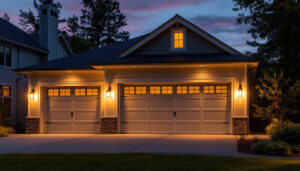 A photograph of a well-lit garage exterior showcasing stylish outdoor light fixtures