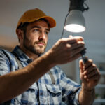 A photograph of a lighting contractor expertly replacing an old can light with a modern led fixture