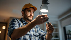 A photograph of a lighting contractor expertly replacing an old can light with a modern led fixture