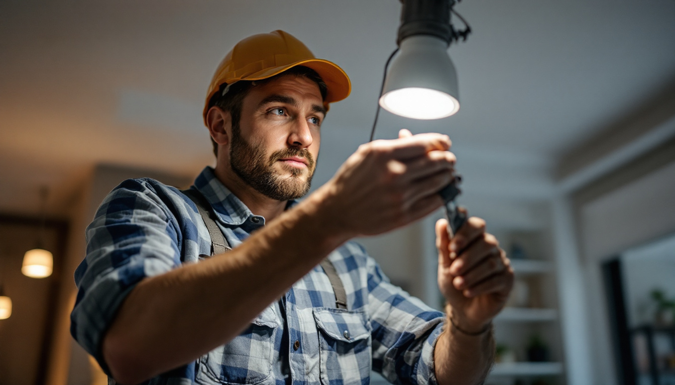 A photograph of a lighting contractor expertly replacing an old can light with a modern led fixture