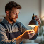 A photograph of a skilled lighting contractor installing a stylish miniature lamp in a modern interior setting