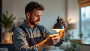 A photograph of a skilled lighting contractor installing a stylish miniature lamp in a modern interior setting