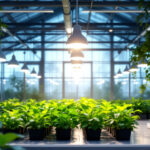 A photograph of a well-lit greenhouse interior showcasing various types of energy-efficient lighting solutions