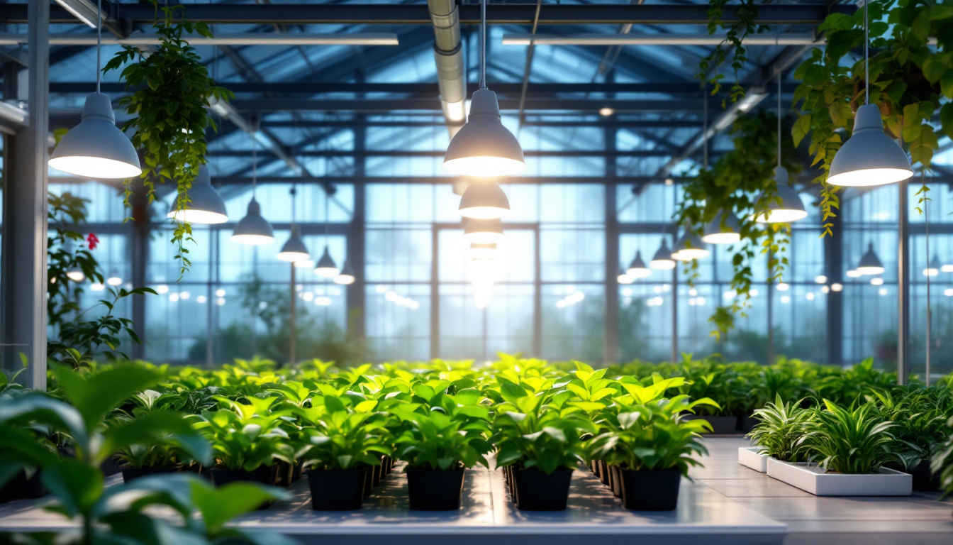 A photograph of a well-lit greenhouse interior showcasing various types of energy-efficient lighting solutions