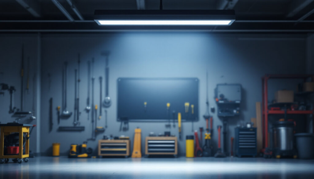 A photograph of a well-lit garage featuring a modern led garage light fixture installed