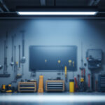 A photograph of a well-lit garage featuring a modern led garage light fixture installed