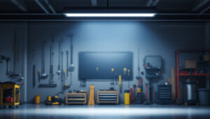 A photograph of a well-lit garage featuring a modern led garage light fixture installed