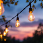 A photograph of a beautifully arranged outdoor setting featuring hanging chain lights