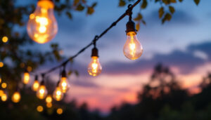 A photograph of a beautifully arranged outdoor setting featuring hanging chain lights