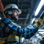A photograph of a lighting contractor installing an electronic ballast in a commercial setting