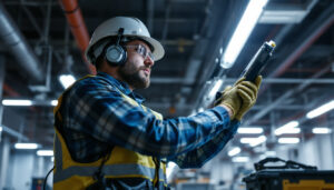 A photograph of a lighting contractor installing an electronic ballast in a commercial setting