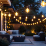 A photograph of a beautifully designed outdoor space illuminated by stylish string lights