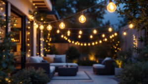 A photograph of a beautifully designed outdoor space illuminated by stylish string lights