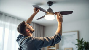 A photograph of a skilled lighting contractor installing a stylish ceiling fan light fixture in a modern living space