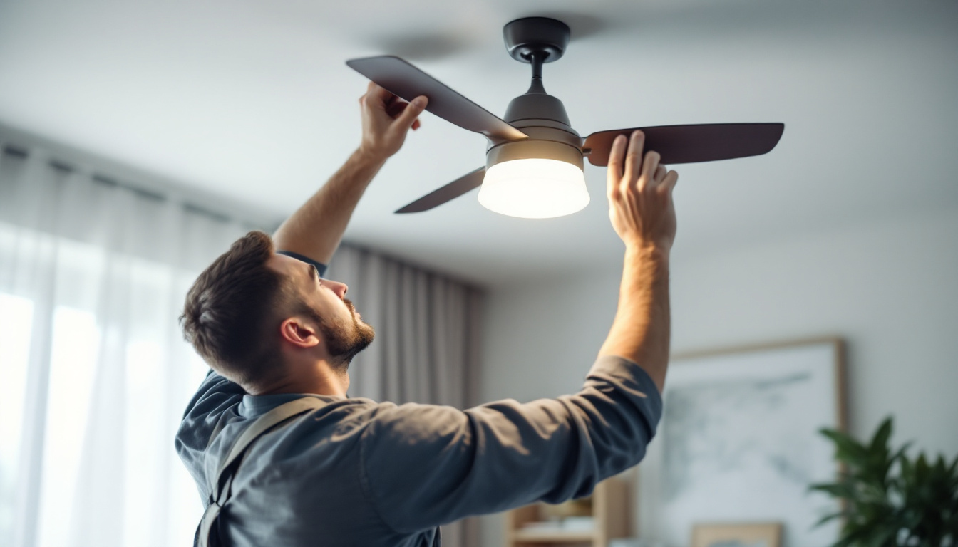 A photograph of a skilled lighting contractor installing a stylish ceiling fan light fixture in a modern living space