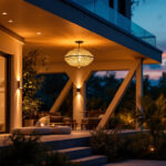 A photograph of a well-lit exterior space featuring a stylish ceiling light fixture