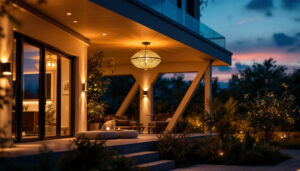 A photograph of a well-lit exterior space featuring a stylish ceiling light fixture